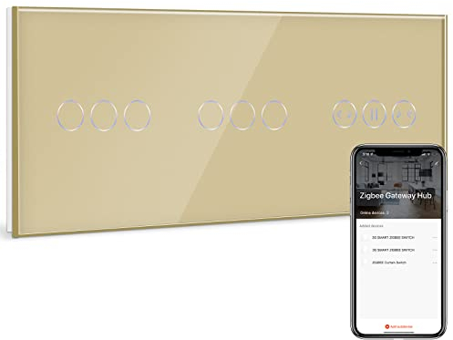 BSEED Smart ZigBee Schalter mit Vorhang Schalter, Doppel 3 Fach ZigBee Lichtschalter arbeitet mit Smart Life/Tuya, Google Home, Smart Home Alexa Lichtschalter unterputz Gold (Hub erforderlich)