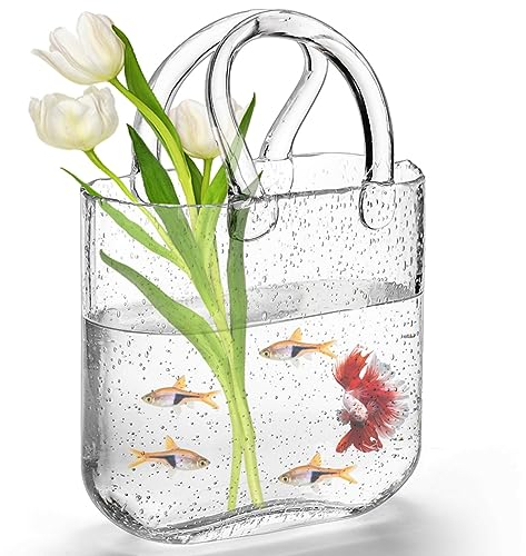 Noamus Glass Bag Vase, Unique Clear Purse Vase with Handle, 11 Inches Handbag Fish Bowl, Handmade Wide Mouth Bubble Vases, Floral Arrangement Vases for Garden Flowers, Wedding Centerpieces, Home Decor