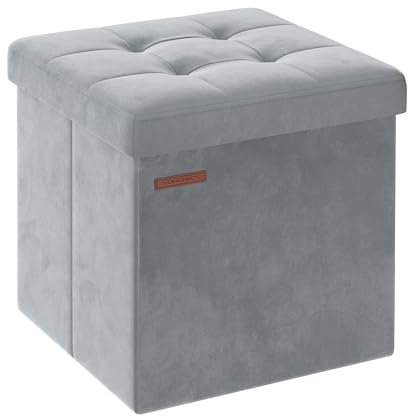 SONGMICS Sitzhocker mit Stauraum, kleine klappbare Sitzbank, 38 x 38 cm Fußbank, Aufbewahrungsbox, bis 300 kg belastbar, für Wohnzimmer Schlafzimmer Schlafsaal, Taubengrau LSF227G02