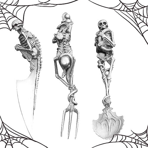 Raxove Cubiertos esqueléticos, Cubiertos góticos esqueléticos Halloween, vajilla Metal con Calavera Espeluznante, Tenedor/Cuchara/Cortador para Interiores y Exteriores