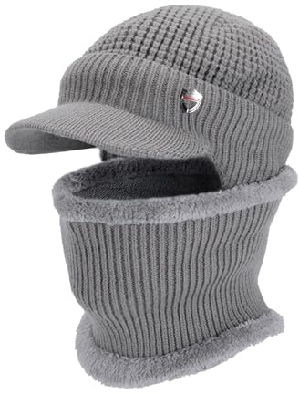 Heveer Herren Wintermütze Loop Schal Set Warme Strickmütze mit Krempe Weichem Gefüttert Ohrenschützer Hut für Outdoor Hellgrau