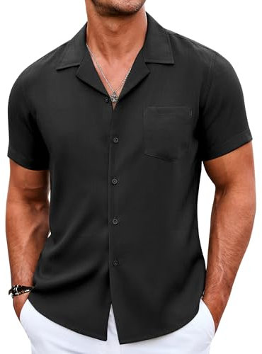 COOFANDY Short Sleeve Shirt Men Summer Shirt Cuban Collar Shirts Casual Holiday Shirts Formal Solid Color Black M