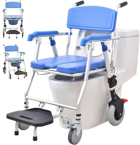 BOVDC Toilettenstuhl für Senioren mit Rollen, Duschstuhl Klappbar, 3-in-1 Dusch-WC-Rollstuhl mit Urineimer, Toilettenrollstuhl für Schwangere Behinderte Senioren Bis 150kg