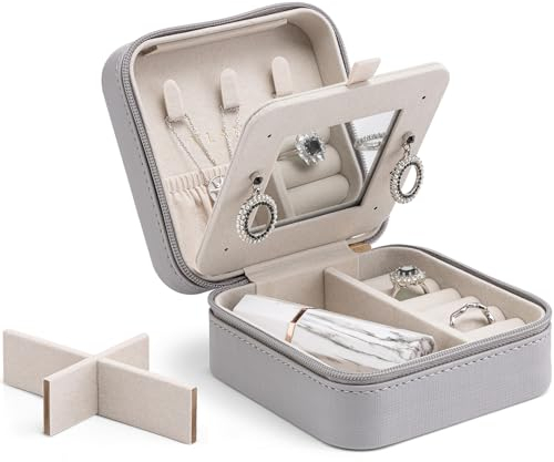 Vlando Small Faux Leather Travel Jewellery Box Organizer Display Storage Case for Rings Earrings Necklace with Mirror,Teenage Girls Gifts, Jewellery Case for Christmas,Mother's Day,Valentine's Day