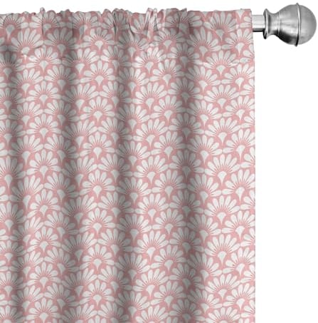 ABAKUHAUS Art Deco Vorhänge 2er-Pack, Fisch-Skala-Inspired Design Damast-Schablonen-Muster der kleinen Blütenblätter, 4 Stück 150 cm x 245 cm, Hellrosa und Weiß