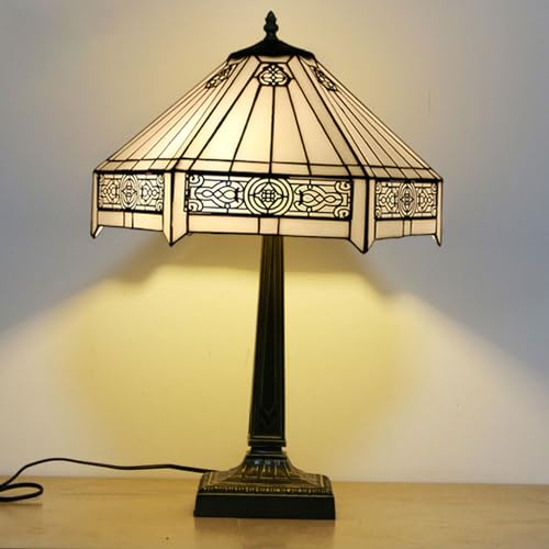 BOTOWI Tiffany Tischlampe Mission Stil Tiffany Lampe 16 Zoll breit gelb weiß Buntglas Schreibtischlampe Dekor für Schlafzimmer Wohnzimmer Arbeitszimmer Arbeitszimmer Home Office,Weiß