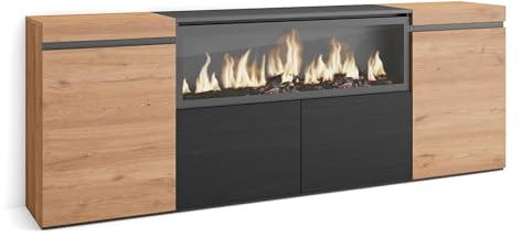 Skraut Home | Credenza, Mobile, Cucina | Madia, mobile ingresso | 210 | 4 Porte | Camino elettrico XXL | Stile moderno | Rovere e nero
