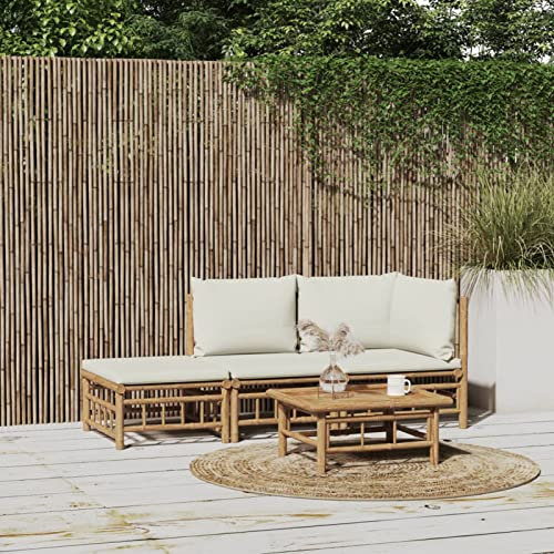 Chaduof Salon de Jardin 3 pcs avec Coussins Blanc crème Bambou,Petit Salon De Jardin,Salon Terrasse,Salon Bas De Jardin Exterieur