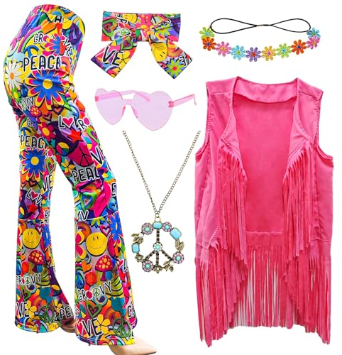 XonyiCos 6 Stück 60er 70er Jahre Hippie Kostüm Disco Outfits Fransenweste Boho Schlaghosen Frieden Zubehör Set Halloween für Frauen Karnevalskostüm (Frieden Liebe, L)