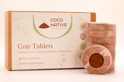 Coco Native Kokos Quelltabletten (24x 50mm) | Torffrei Anzuchterde aus Kokosfaser für Samen und Stecklinge