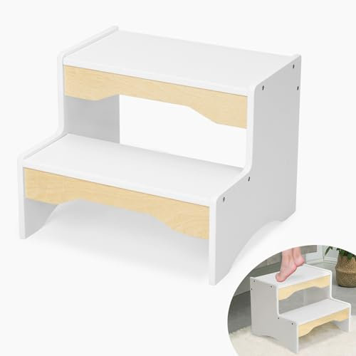 Labeb Tritthocker für Kinder, Tritt-Schemel mit 2 Stufen, Montessori Holz Kinderschemel Multifunktional Tritthocker für Badezimmer, Küche, Kinderzimmer und Toilette bis zu 110 kg - Weiß