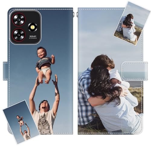 JGOYGYI Personalisierte Leder Handyhülle kompatibel mit ZTE Blade V50 V40 V30 vita A73 A72 A71 A54 A53 A52 A51 A34 A32 A31 Lite,Individuelle Text Bildern Foldable Flip Klapphüllen Case hülle
