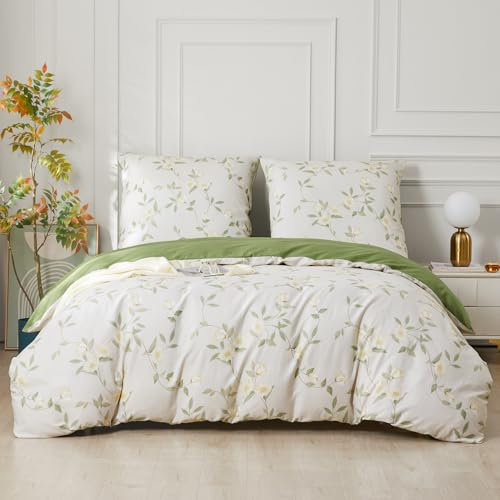 SAPHREAS Bettwäsche 200x220 Baumwolle Weiß Grün Bettwäsche Set Kuschelige Blumen Bettwäsche 3teilig 1 Bettbezug 200x220 cm mit Reißverschluss + 2 Kissenbezüge 80x80 cm
