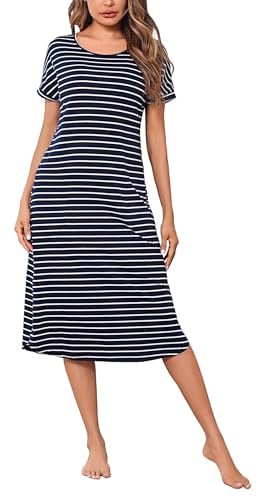 Litherday Chemise de Nuit Femme Longues Coton Robe de Nuit Col Rond | Manches Courtes Nuisette avec Poches Rayé Vêtement de Nuit