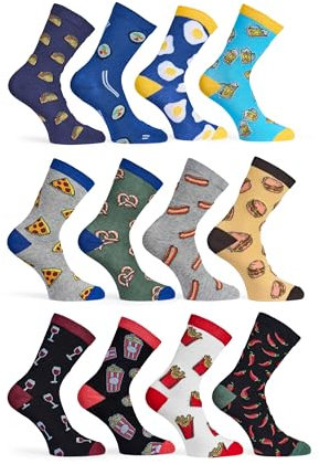 Basic Treasure Lot de 12 Paires de Chaussettes Amusantes, Happy Socks en Coton, Colorées Avec Motifs, Pour Homme et Femme, Idée Cadeau, Fast Food, 43-46