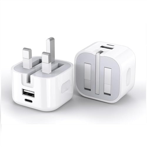 Multi-Port USB C Plug, Type C Fast Charging, Foldable Wall Power Adapter Plug UK, Dual Port Charger Block for iPhone 17/16/15/14 /13 Pro Max/Plus/ipad pro/Samsung Galaxy/Tablet (20W)