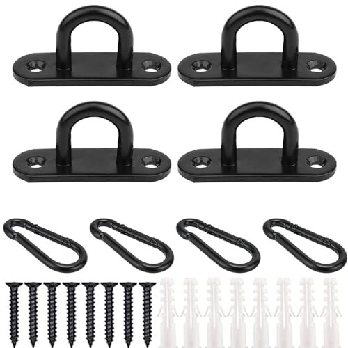 SHYSBV 4 Pack Eye Plate Hooks - Stainless Steel Pad Eyes Plate,Black Ceiling Hooks,Heavy Duty D Rings and Carabiner Clips, Hooks and Eyes,U Brackets Staple Wall Mount Marine Hardware Hook