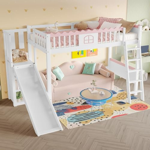 PUGSDRLY Lit Mezzanine 1 Place avec Toboggan et étagères,Lit Mezzanine Fille 90x200cm avec éclairage LED,Cadre en Bois de Pin,Enfant,Certifié EN747,Blanc (Blanc-B)