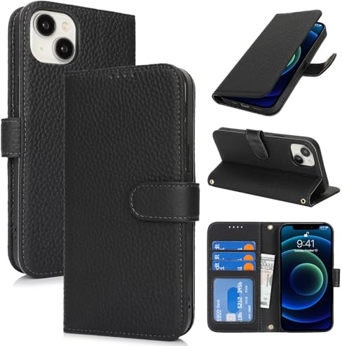 Zouzt Leather Wallet Case for iPhone 13 Mini, 4 Card Slot, Black | Genuine Leather, Card Holder, Shockproof TPU Shell, Magnetic Closure, Protective Flip Folio Phone Cover, For Women Men