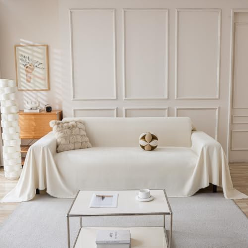 TAOTAOGO Sofaüberzug für 2/3 Sitzer, L-förmige Ecksofas, Fischgrätmuster Einfarbige Chenille Sofa Überwurfdecke, Waschbar Sofaüberwurf, Couchüberzug mit Quasten B Creme-beige 180x300cm