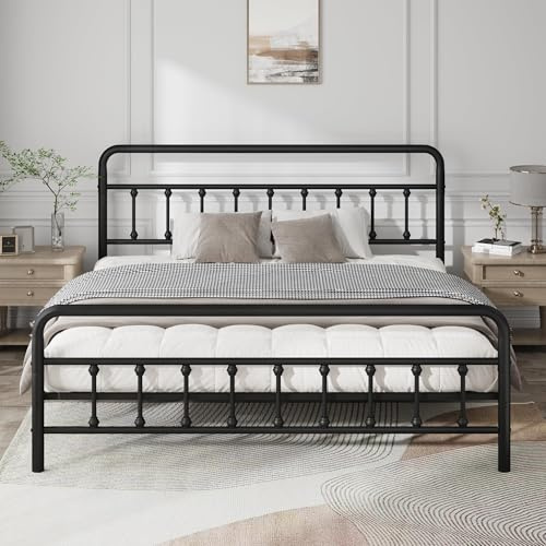 OLALITA Full Size Vintage Metal Bed Frame with Headboard Footboard, Classic Iron Platform Bed, No Box Spring Needed, Sturdy Support Easy Assembly for Bedroom (Black, King)