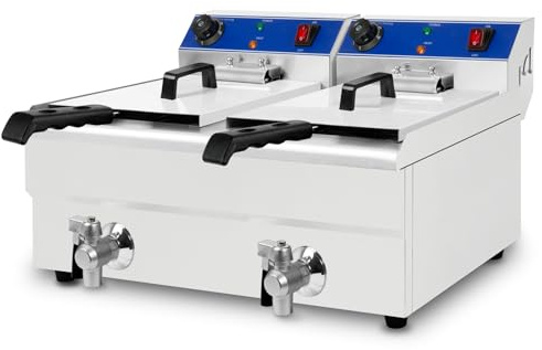 VERTES Friggitrice in acciaio inox 2x 10L, 2 x 3000W, 230V, principio della zona fredda, temperatura regolabile in continuo 50-250°C, rubinetto di scarico, 2 cestelli per frittura, pulsante di reset