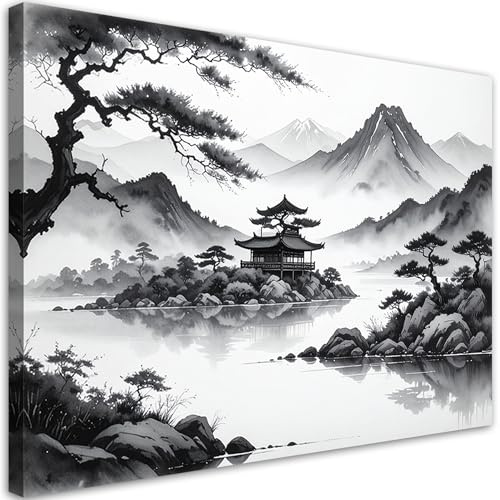 Feeby Leinwand Bilder - Bild Wohnzimmer - Landschaft im japanischen Stil - 60x40 1tlg - Deko Schlafzimmer Groß - Dekoration Canvas - Gemälde - Modern Wandbilder - Kunstdruck