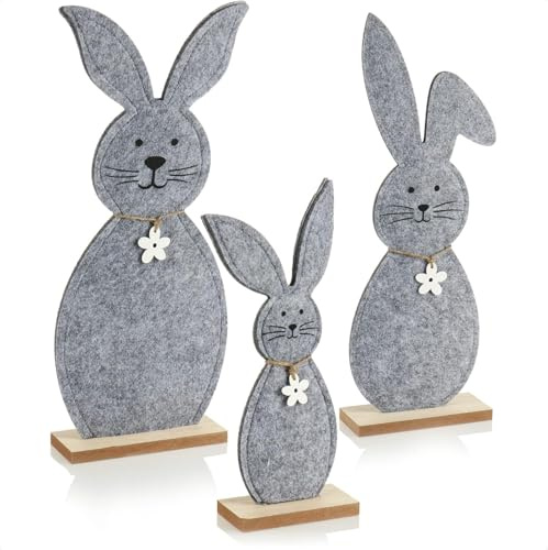 Osterhasen Deko, 3 Stück Osterdeko Modern, Osterdekoration für Innen, Deko Ostern aus Holz und Filz Osterdeko zum Hinstellen, Osterhasen Figuren für Garten Spring Natürlich Holzhase