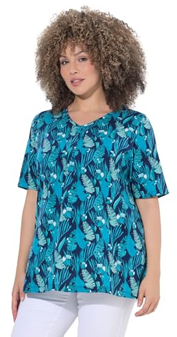 Ulla Popken Damen große Größen Übergrößen Plus Size T-Shirt, Tukanmuster, Zierfalten, V-Ausschnitt, Halbarm Tintenblau 58+ 850171740-58+