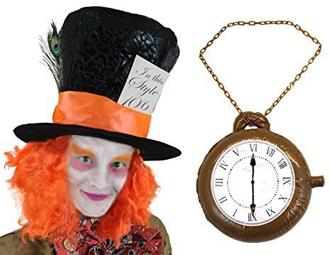 Set di accessori per feste da tè per adulti, cappello a cilindro nero con capelli arancioni attaccati e orologio gonfiabile jumbo, per adulti