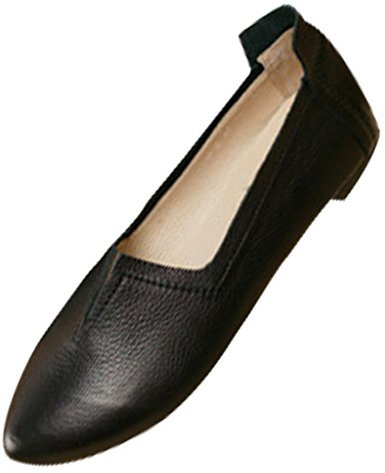 Youlee Damen Höcker Schuhe Leder handgefertigt Flache Schuhe Schwarz EU 34/CH 35