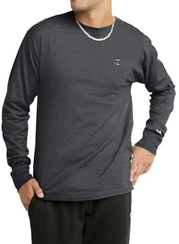 Champion Men's Classic Long Sleeve T-Shirt, Standard Fit, Script & C Logo, Available in Regular and Big & Tall, Granite Heather, L