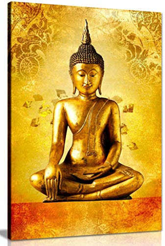 Gold Buddha Statue God Zen Canvas Wall Art Picture Print (30x20in)