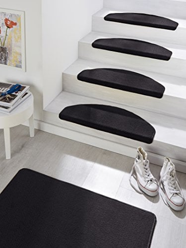 Hanse Home Stufenmatten Fancy – Treppen-Teppich Treppenmatten Selbstklebend Sicherheit Stufenteppich halbrund für Treppenstufen – Schwarz, ca. 23x65cm 15 Stück