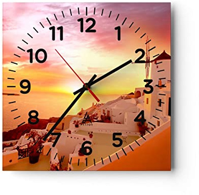 Moderne Wanduhr 40x40cm Quadrat Glasuhr Architektur Landschaften - 2691 | Santorini Griechenland Feiertage Glas Analog Wanduhr Lautlos Wanddekoration Wohnzimmer Küche Wanddeko Küchenuhr ARTTOR