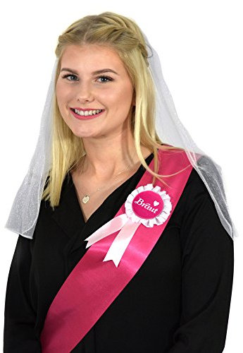 Frau WunderVoll® JGA BRAUTSET Premium PINK, Schleier + Schärpe + Brautorden/junggesellenabschied, Mädchen, Braut, Hochzeit, JGA Deko, JGA Accessoires, Mädelsabend, Schleier, Traumbraut