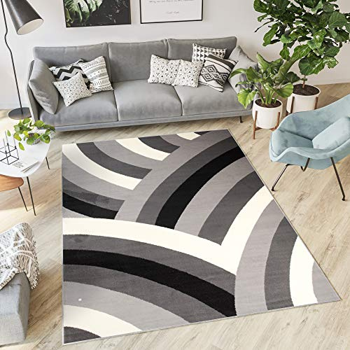 TAPISO Dream Teppich Wohnzimmer Kurzflor Modern Grau Weiß Schwarz Wellen Streifen Schlafzimmer Gästezimmer Esszimmer ÖKOTEX 130 x 190 cm