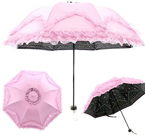 WANLIAN Prinzessin Spitze Vintage Spitze UV Sonnenschirm Faltbarer 3D Blume Stickerei Regenschirm 3 Faltbar Blau Regentage verschneite Tage Sonnige Tage sind verfügbar, aprikose