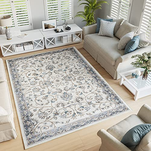 TAPISO Dubai Teppich Kurzflor Creme Hellgrau Floral Blumen Meliert Design Ornament Tradiotionell Klassisch Wohnzimmer Schlafzimmer ÖKO-TEX 60 x 100 cm