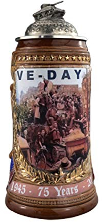 King German Beer 75 Years VE-Day Stein, 0.75 Liter tankard, Beer Mug with Liberation Motifs, Gold Color Hand-Painting, Pewter lid with Sherman-Tank Figurine