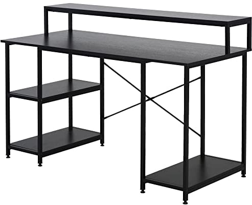 HOMCOM Mesa para Computadora Escritorio de Oficina Estudio con 3 Estantes Tabla Superior Patas con Almohadillas Ajustables Antideslizantes Marco Metálico 140x60x93 cm Negro