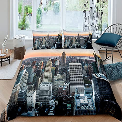 New York Duver Bettbezug-Set, New York City, Manhattan, Skyline, Stadtbild, zeitgenössisch, künstlerisch, Sonnenuntergang, Landschaft, Bettbezug, 2-teilig, Einzelbett