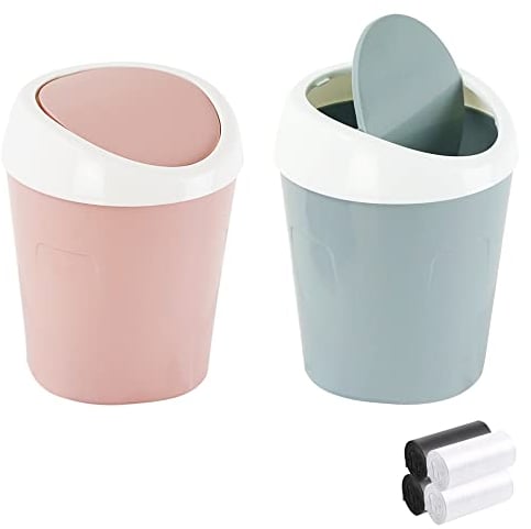 QLFJ-FurDec 2PCS Plastic Mini Wastebasket Bathroom Bins with Swing Lid and 4 Rolls Bin Liners, Desk Compact Design Cosmetic Bin for Home, Office, Vanity Tabletop, Bedroom