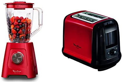 Moulinex Blender Blendforce, 600 W, 2 vitesses + fonction Pulse, Capacité totale de 2 L & Subito Grille pain 2 fentes rouge toaster Thermostat 7 position Décongetaion Rechauffage Remontrée