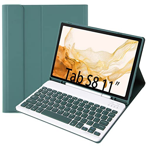 Funda de teclado para Samsung Galaxy Tab S8 de 11 pulgadas [SM-X700 / SM-X706], teclado Bluetooth inalámbrico, funda de piel sintética y ranura para bolígrafo