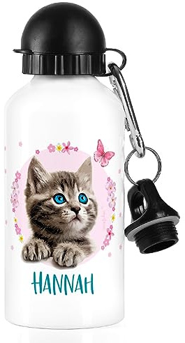 Striefchen® Trinkflasche für Mädchen mit Katzen Motiv und Wunschname 500 ml BPA frei Aluminium