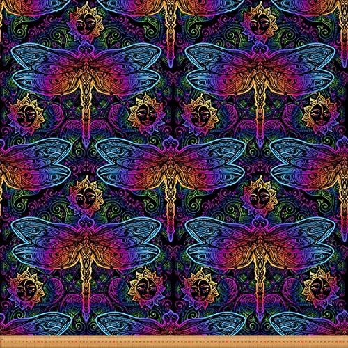 Loussiesd Libellen Möbelstoff Boho Sun Paisley Stoff Meterware Zierlibelle bedruckter Dekorationsstoff für Polster und Heimwerkerprojekte Outdoor Stoff 184x150cm Lila Blau