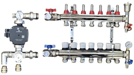 Wärmer System 7 Port Brass Underfloor Heating Manifold with A Rated Pump UPM3 Auto Flex, Blending Mixing Valve, 16mm Pipe Connection, and Ball Valves with Gauges