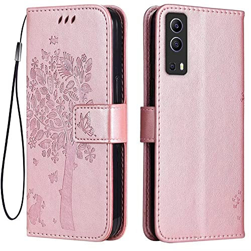Topme Étui en Cuir pour Vivo Y52 5G / Vivo Y72 5G (6.58 inches), [ Coque Housse de Téléphone Style Motif Chat Et Arbre] - Or Rose