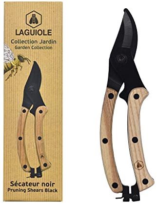 LAGUIOLE - LAGUIOLE, 40269057, Sécateur Noir et Bois, Léger, Branches et Rameaux Frais, Ergonomique, Jardinage, Lame en Acier Inoxydable, Manche en Bois de Frêne Naturel, Noir